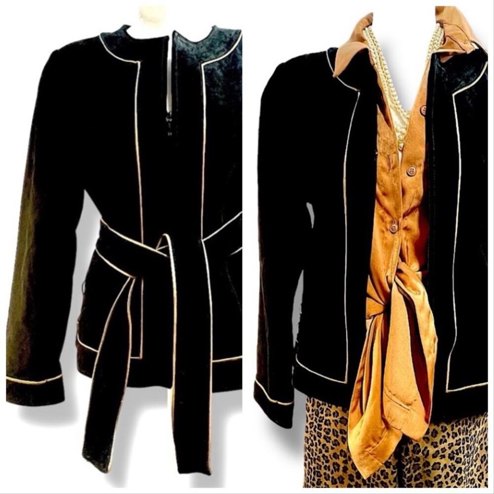 YVONNE MARIE VTG Black Suede Leather & Metallic Gold Trim Blazer/or Jacket SZ 10
